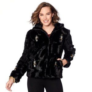 COLLEEN LOPEZ Faux Fur Glam JEWEL EMBELLISHED JACKET Size Medium 10-12